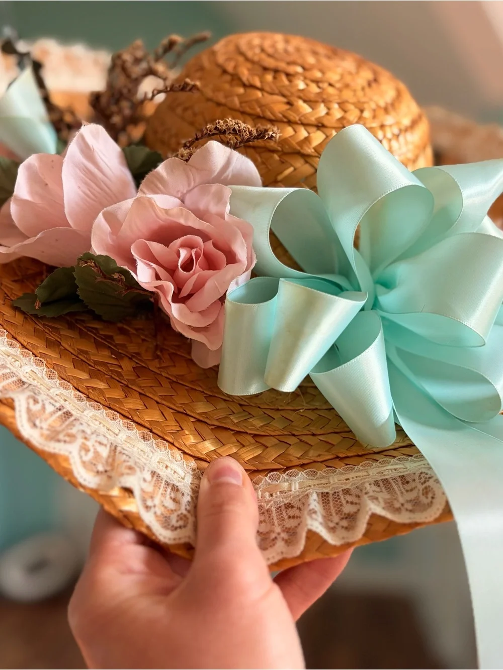 Handmade Farmhouse Rustic Straw Sun Hat with Pink Flowers & Mint Bow